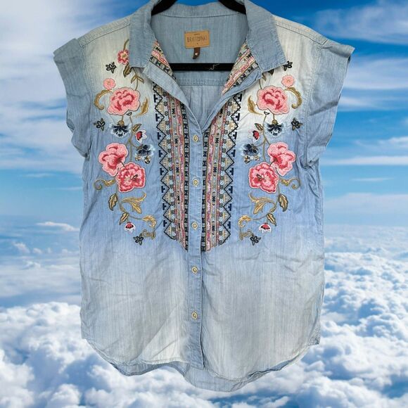 Driftwood embroidered “Detty” cap sleeve chambray  boho western Top  XL - Picture 1 of 5